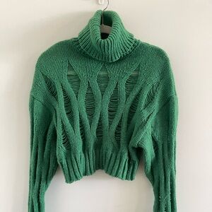 Cropped distressed turtleneck sweater in green
